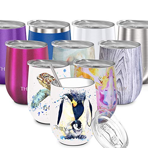 THILY Wine Tumbler Stainless Steel Insulated Stemless Wine Glass with Lid and Straw, Cute Cup Keep Cold for Coffee Cocktails