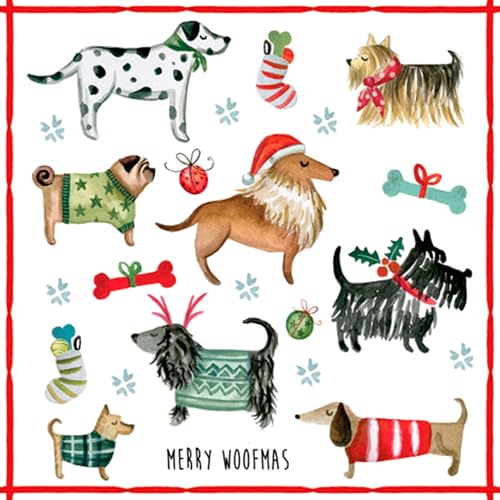Servietten Papier 33x33cm 20 Stück mit Hunden Motiv - hochwertig & nachhaltig - Einweg Weihnachtsservietten 3-lagig - Papierservietten für Weihnachten Gastronomie Alltag - Weiß Bunt
