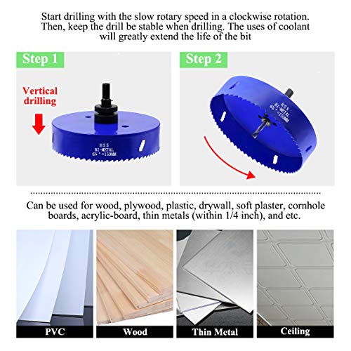 Image of 6-1 /4 Inch Hole Saw with Arbor, 1.2 Inch Cutting Depth | Heavy Duty, HSS Bi-Metal, For Wood Cornhole Boards Plastic Drywall & Thin Metal, Smoothly Cutting