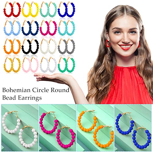 Sureio 16 Pairs Beaded Hoop Earrings Women Bohemian Circle Round Bead Earrings Bulk Colorful Bead Dangle Earrings(1.37 Inch)3