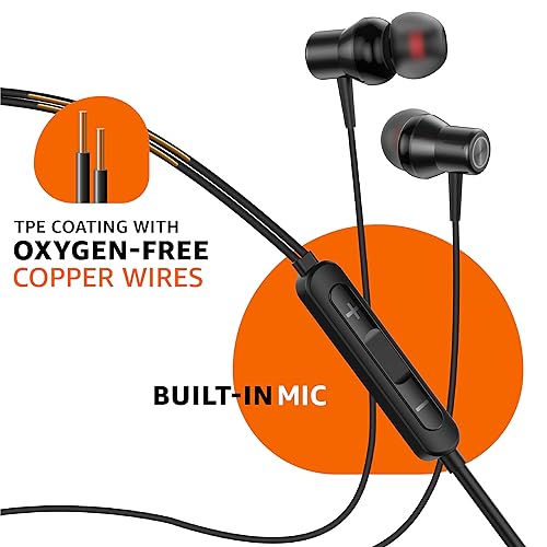 Image of (Refurbished) AmazonBasics EP2 in-Ear Type C Wired Earphones with Mic, Tangle Free 1.18 Metre Cable, Metallic Design, 10mm Drivers, in Line Mic & Volume Controller (Black)
