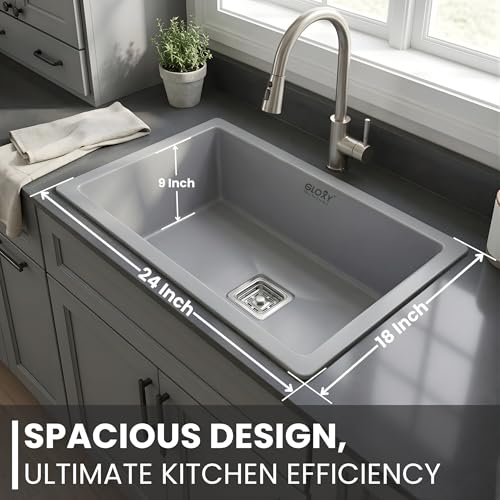 Image of Gloxy Premium Quartz Granite Single Bowl Kitchen Sink 24x18x9 Inches - Grey Matte FInish Quartz Sink For Kitchen With Coupling Hose Pipe and Drainer Basket - Undermount /Topmount - 3 Years Warranty