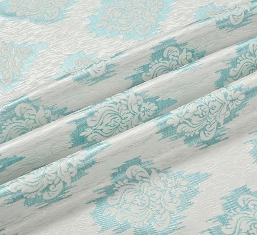 Image of Damas Printed Curtains 5 Feet Long for Doors & Windows, Living Room, Bedroom | Eyelet | Parda | Off White & Aqua Blue, 1 Piece