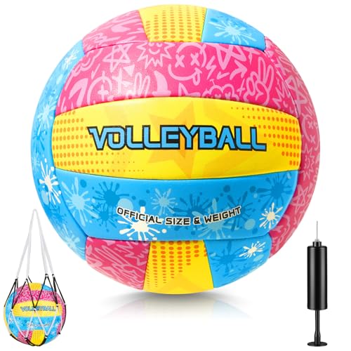 EllaSeek Soft Touch Volleyball Official Size 5, PU Leather Training Ball for Girls Beginners Kids Youth, Printed Indoor Outdoor Practice Volleyball with Pump & Mesh Bag for School Gym & Backyard