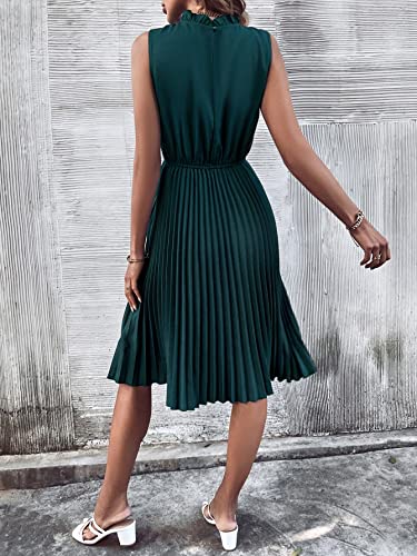 Milumia Women's Casual Pleated Frill Mock Neck Sleeveless A Line Swing Midi Dress Dark Green Medium #TOP1