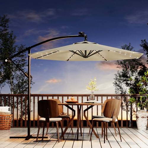 10FT Solar Lights Cantilever Umbrella outdoor patio, Offset Patio Umbrella with Easy Lift & Tilt Adjustment, UV Protection Fade Resistant for Deck, Pool, Garden, Beige
