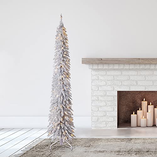Home Heritage 7ft Slim Silver Tinsel Christmas Tree — Pre-Lit with 150 Warm White LED Lights and 457 Branch Tips — Indoor Holiday Decor