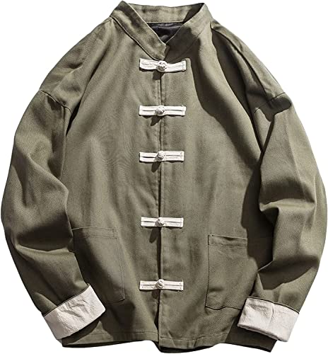 JEKE-DG Men Kung Fu Jacket Linen Tang Suits Chinese Traditional Tai Chi Clothes Mandarin Frog-Button Shirts Disc Buckle Coat (Medium,Green)