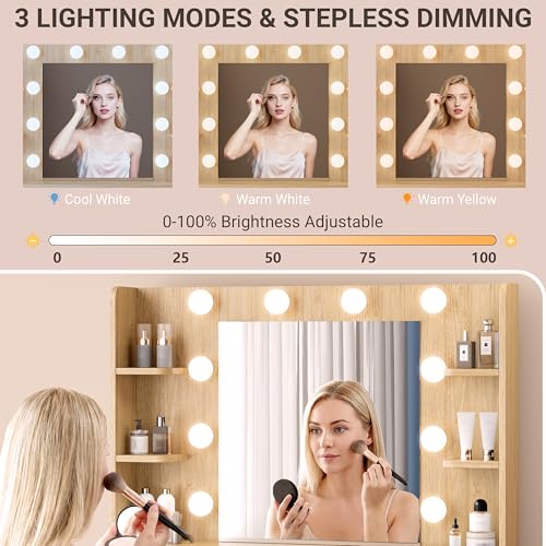 Image of Vanity Desk with Mirror and Lights, Fluted Makeup Vanity with 8 Drawers, Storage Shelves, RGB Light and Power Outlet, Bedroom Dessing Table for Women, Girls, Oak,56.7 inch
