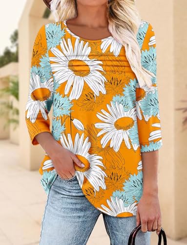 KISSMODA Women's Casual 3/4 Sleeve T-Shirts Round Neck Cute Tunic Tops Basic/Pleated Summer Tops Trendy Spring Blouses
