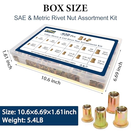 Image of Metric & SAE Rivet Nut Assortment Kit(920 Pcs), M3 M4 M5 M6 M8 M10#6-32#8-32#10-24 1 /4 inch-20 5 /16 inch-18 3 /8 inch-16 UNC Flat Head Rivnut Set, Zinc Plated Finish Carbon Steel Nutsert