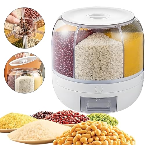 Wnnideo Rotating Grain Storage Bin 6 Grids Rice Container One-Click Output Large Capacity Food Dispenser For Rice Grains Sealed Moisture Proof Organizer (Grey) (Small) by Wnnideo - Image 2