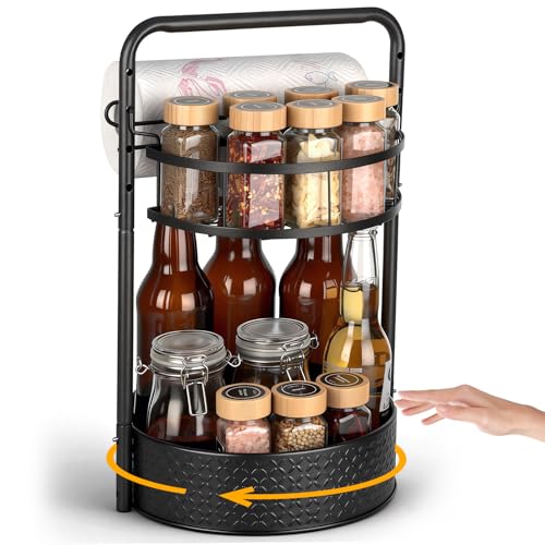 Romon Étagère à épices rotative à 360°, Tourniquet a Epices étages Ajustable Polyvalent Avec Organisateur Placard Cuisine, Porte-Essuie-Tout et Plateau Tournant,...
