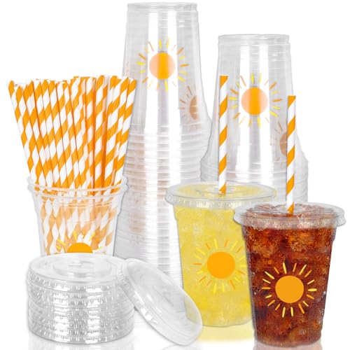 Whaline 50Pcs Boho Sun Disposable Plastic Cups with Lids and Straws 12 Oz Sunshine Cold Beverage Drinking Cups for Birthday Baby Shower Party Supplies