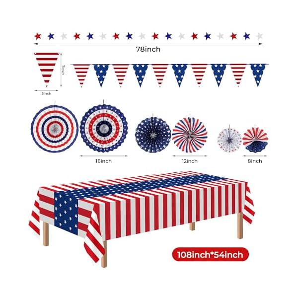 Hoosun patriotic 4th of july decorations set 9 pcs red white and blue paper fans usa pennant bunting star streamers patriotic tablecloth for fourth of july party supplies memorial day decor  urban country home decor