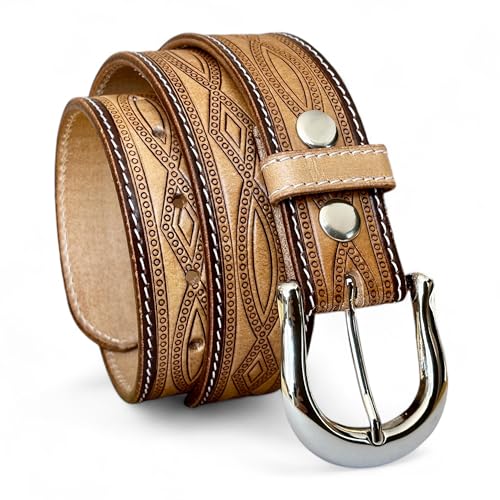 DANIEL'S ARTPLANET Western Belt for Men Full Grain One Piece Leather Handmade Belt with Buckle 1.5” Wide Tooled Embossed