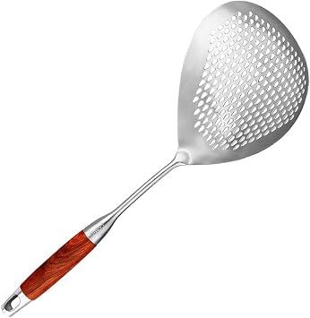 Skimmer Slotted Spoon, Large Slotted Spoon with Long Wooden Handle and Hanging Holes, 16in 304 Stainless Steel Pasta Spider Strainer, for Kitchen Cooking Frying Pasta Strainer Spoon