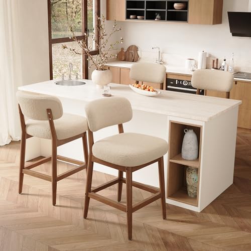 Image of Solid Wood Counter Height Bar Stools Set of 4, Fluffy Boucle Bar Chairs with Frame, Mid-Century Modern Upholstered Stools with Backrest for Kitchen Island, Home Bar, Oatmeal