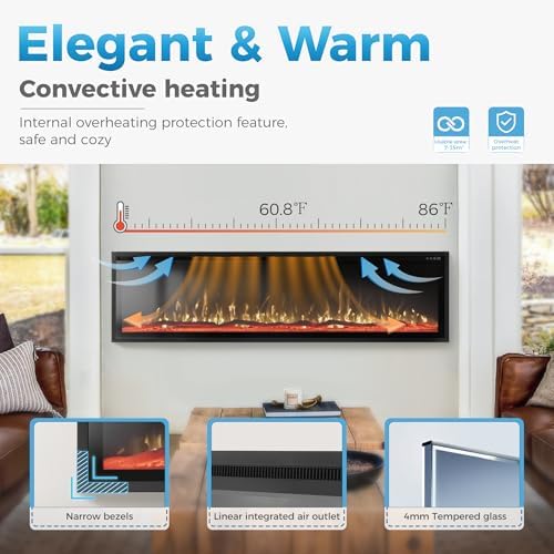 GREEN PARTY 72" Electric Fireplace Recessed/Wall Mounted Ultra-Narrow Bezel Fireplace Heater with Log & Crystal Options, 750W/1500W, Adjustable Flame Bed Colors, Speed, Timer, Temperature (60.8℉-86℉) - Thumbnail 3