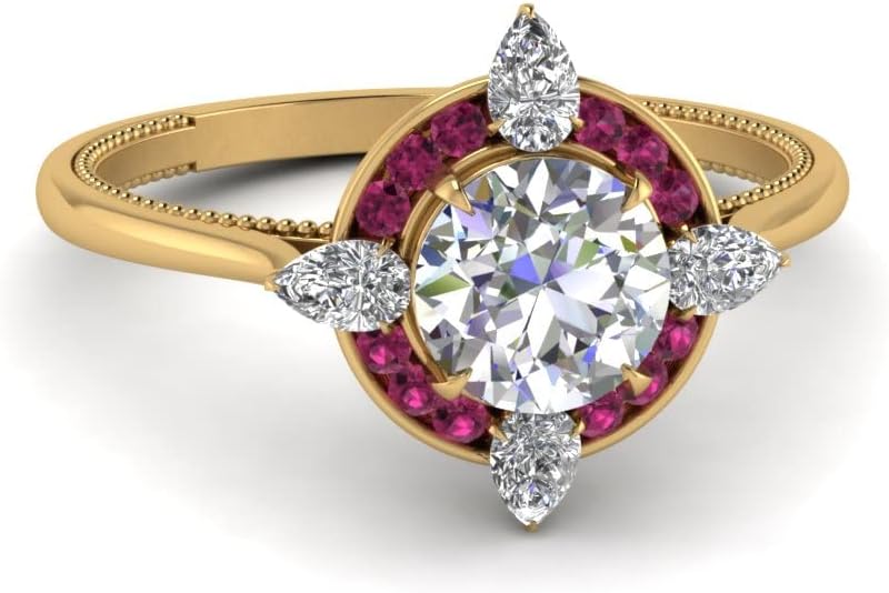 Choose Your Gemstone Compass Point Halo Diamond CZ Ring Yellow Gold Plated Round Shape Halo Engagement Rings Everyday Jewelry Wedding Jewelry Handmade Gifts for Wife US Size 4 to 12