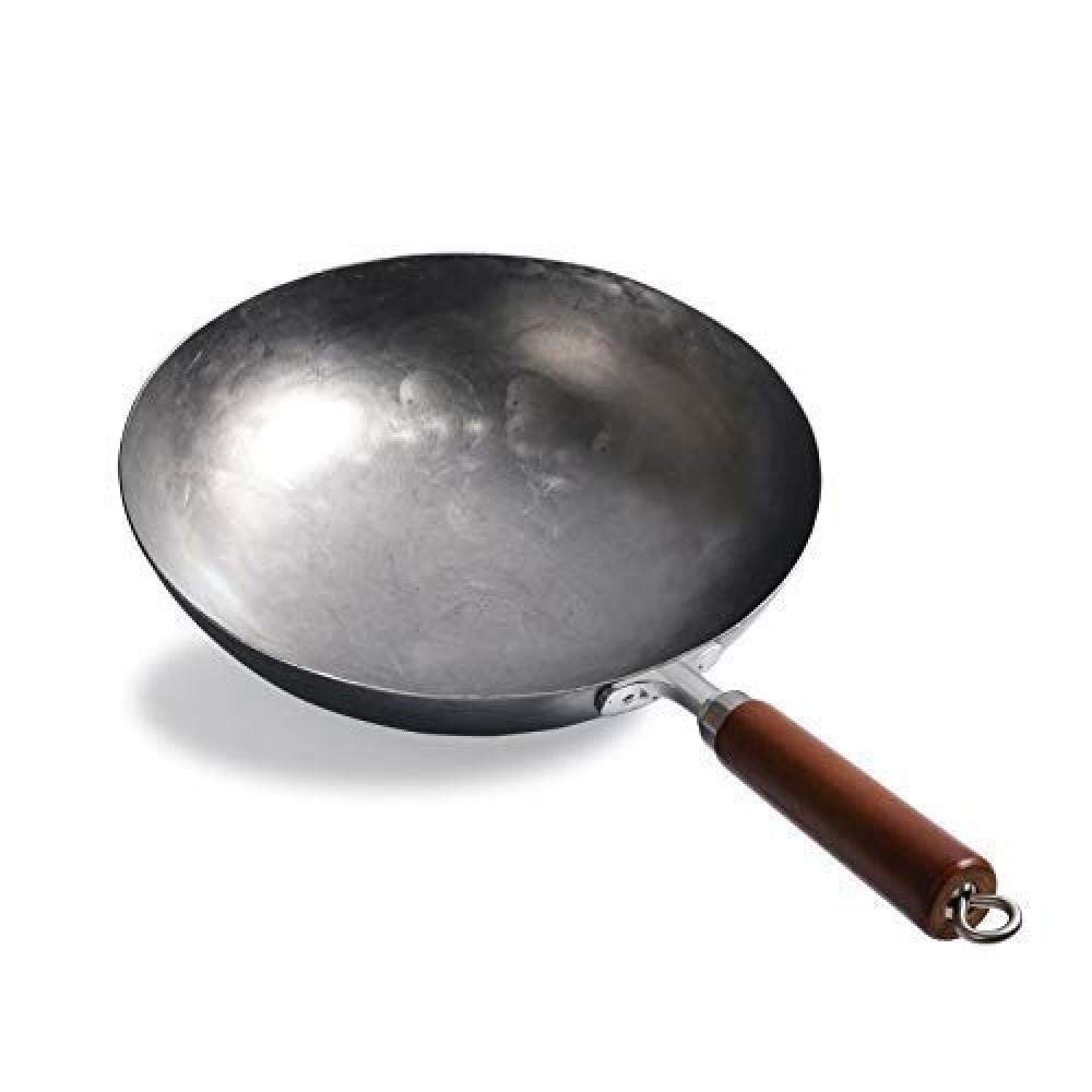 Wok Chinois Non revêtu, forgé à la Main, en Acier au Carbone, avec Manche en Bois et Anneau de Levage (Fond Rond), 34 cm