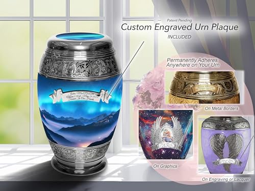 Image of Custom Engraved Ribbon Adhesive Plaque - Chain Free Urn Plate & Engraved Urns for Ashes Adult Male & Urns for Human Ashes Adult Female - Patent Pending (Scrolling Ribbon)