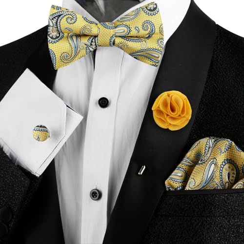 Image of Alizeal Mens 4pcs Vintage Paisley Bow Tie Set | Pre-tied Pocket Square Cufflinks Boutonniere for Wedding Everyday Use