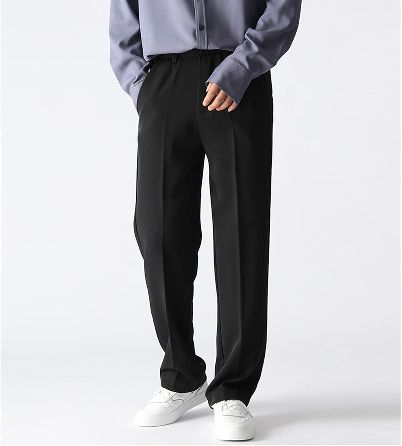 DGHM-JLMY Men's Joker Sagging Loose Straight Leg Trousers Casual Leg High Waisted Button Down Long Trousers Zipper Front Pant
