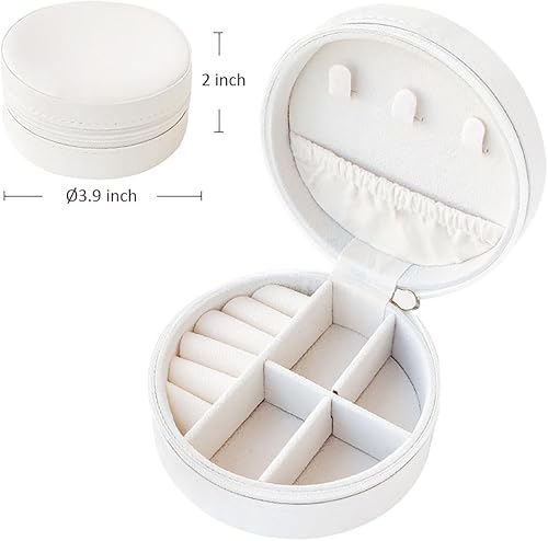 Vista 2 de RT&BS Pequeño joyero de viaje, organizador de viaje de joyería, cajas de joyería para mujeres y niñas con lindo mini forma redonda, bonito regalo