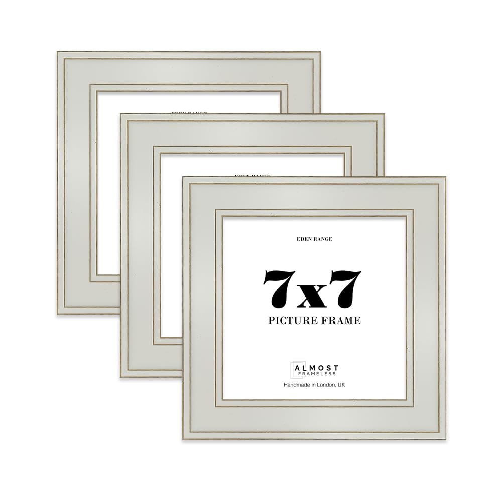 7x7 Light Grey Picture Frame - Shabby Chic Photo Frame with Distressed Finish, Gold Trim, Wall Hooks and Kickstand, 37mm Edge - 3 Pack