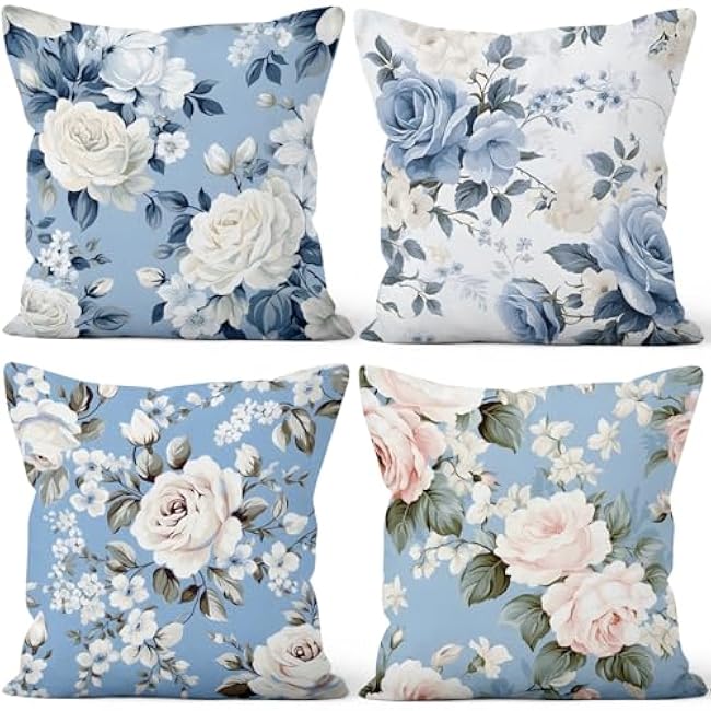 4 Pcs/Set Rose Flowers Pillow Covers Summer Floral Green Leaves Pink Flowering Shrub Natural Scenery Watercolor Romantic Linen Cushion Case for Outdoor Couch Sofa Bedroom, 16x16