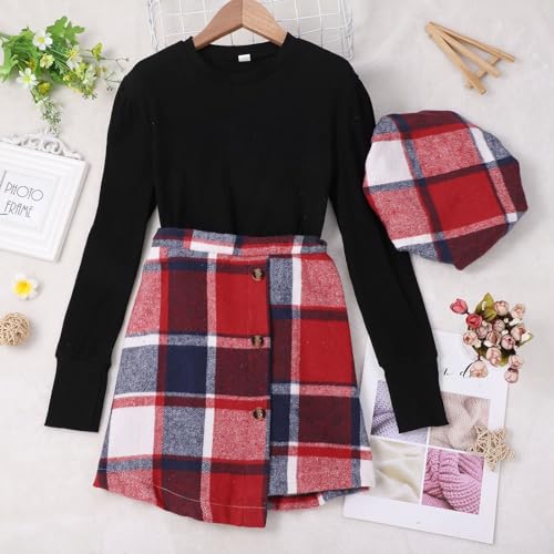 Girls Sweater Skirts Sets with Hat Knit Long Sleeve Pullover Sweater and Open Side Plaid Striped Skirts for Kids2