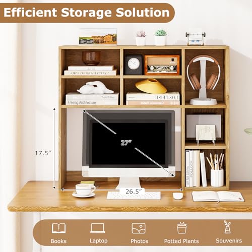Image of Tangkula Desktop Bookshelf, 37 inch Countertop Storage Hutch with 7 Cubes & 3 Adjustable Shelves, 3-Tier Desk Display Rack Organizer, Multipurpose Wood Desktop Hutch for Dorm Home Office (Natural)