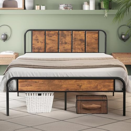 VECELO Queen Size Bed Frame Metal Platform with Wood Headboard,Sturdy Steel Slats Support/Matress Foudation/No Box Spring Needed(Brown)