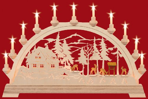 Schwibbogen Forsthaus mit geschnitzten Rehen