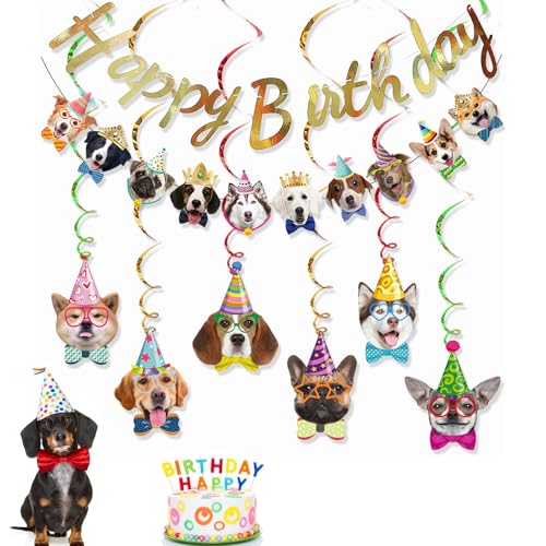 Decoración fiesta perros cumpleaños temática mascota - 1 set pancarta feliz cumpleaños + espirales colgantes estilo perrito - multicolor - decoración para fiestas infantiles y mascotas