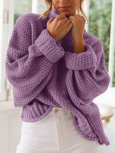 Zesica Women's 2023 Turtleneck Batwing Sleeve Loose Oversized Chunky Knitted Pullover Sweater Jumper Tops,Purple,Medium #TOP7