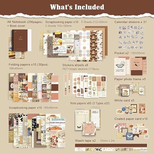 Image of MGNLR Paper Vintage Aesthetic Scrapbook Kit(346Pcs) Scrapbooking Supplies Kit with Bullet Junk Journal,Stationery,A6 Grid Notebook Journaling Gift for Girl (Brown Vintage Scrapbook)