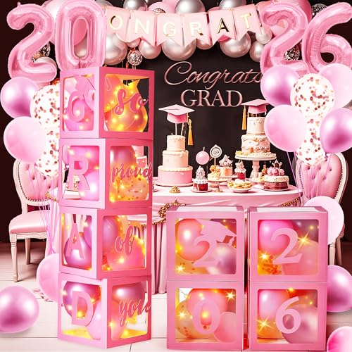Image of AYGXU Graduation decorations class of 2026 pink- Graduation Decorations, Balloons Box (4PCS) with letters&balloons,2026 balloons,LED String Light,graduation party decorations