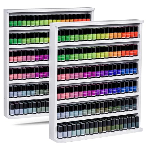 Kikihouse Wood Nail Polish Rack 2 Packs, Wall Mount Nail Polish Organizer, 6 Layers Nail Salon Storage Display Shelves Perfume Essential Oil Bottles Holder w/Acrylic Baffle, White