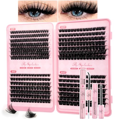Cluster Lashes Kit with Glue and Remover 80D-200D Thick Individual Cluster Lashes Book D Curl Eyelashes Fluffy Volume DIY Lash Extensions for Beginners(80D+120D+150D+200DKIT)