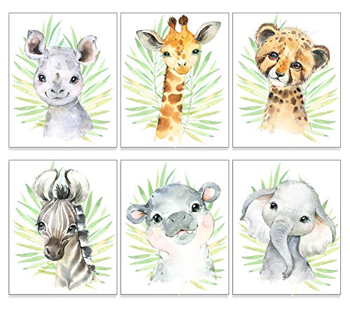 Safari Animal Nursery Decor Art (Set of 6) UNFRAMED Wall Print, 8 x 10
