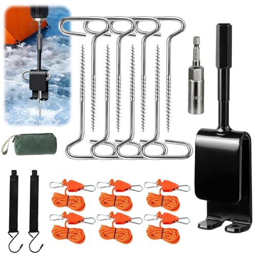 Heavy Duty Ice Anchor Drill Adapter Tool Kit, 19Pcs Stainless Steel Tent Stakes Set with 13FT Ratchet Ropes, Tent Hooks, Canvas Bag for Ice Fishing Shelter Setup (8Pcs Tent Stakes+6Pcs Rope Roller)