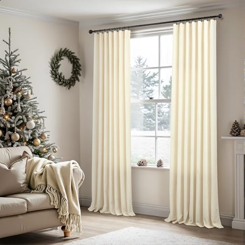 Image of 102 Inch Velvet Curtains 2 Panels Set Length Victorian Rustic Neutral Boho Modern Decorative Curtain for Bedroom Heat Cold Blocking Window Thermal Insulating Drape for Living Room Long Ivory Off White