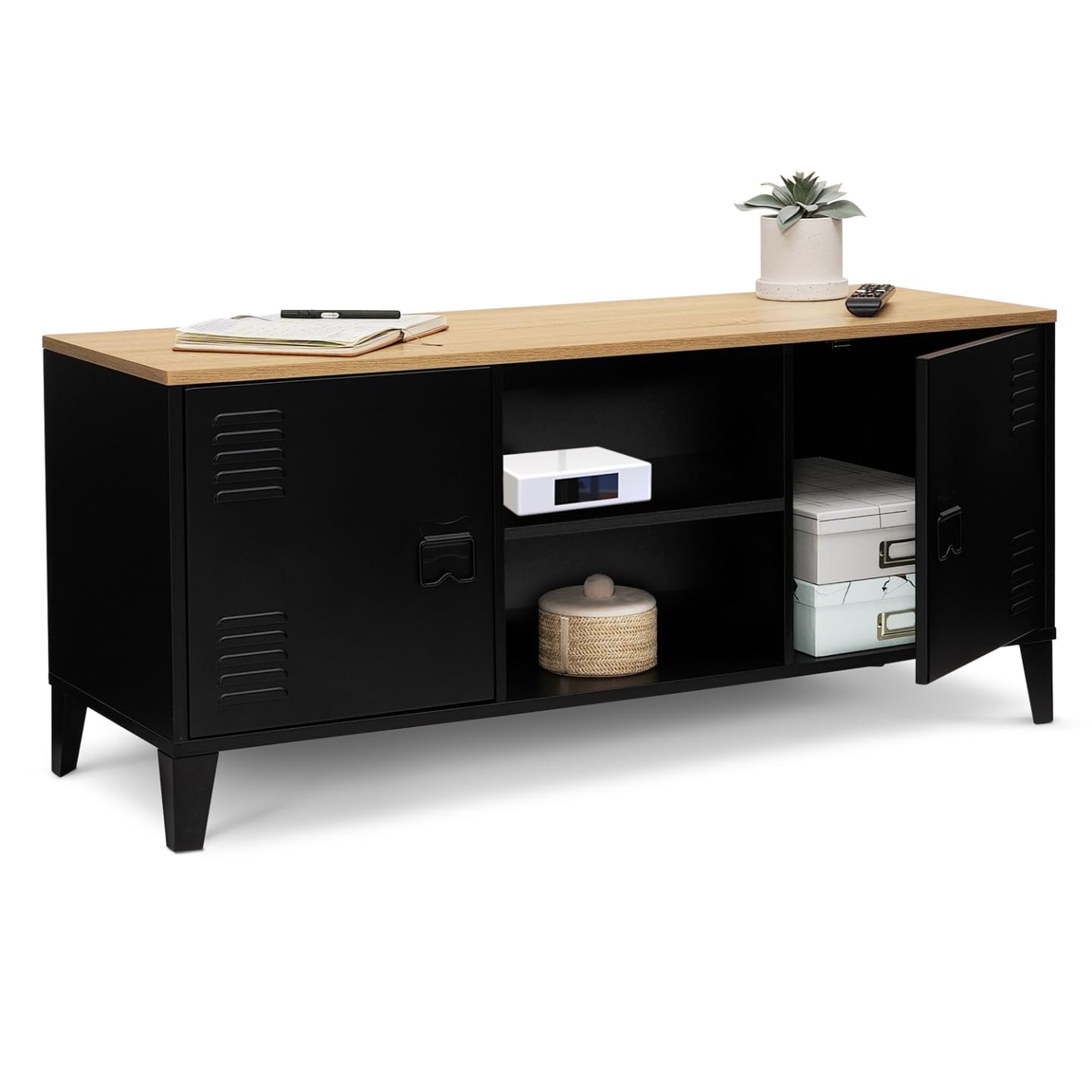 IDMarket - Meuble TV 113 cm Ester 2 Portes métal Noir et Plateau Bois Design Industriel