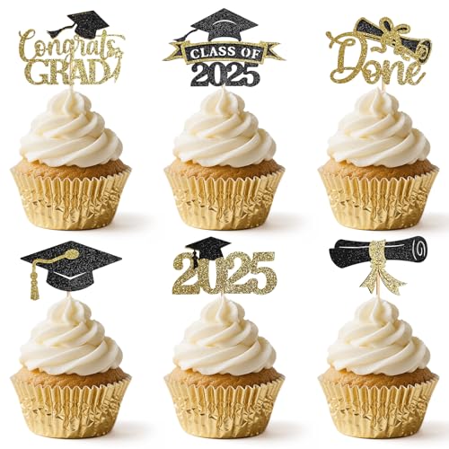 EMORBALS 36 Pcs Graduation Cupcake Toppers 2025, Class of 2025 Cupcake Toppers, Glitter Cake Toppers(Style-2)