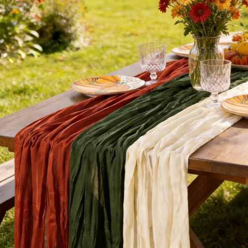 Image of Cheesecloth Table Runner Fall Boho 3pcs Mix and Match Wedding Decor | Terracotta Olive Beige Rustic Gauze 10FT Cheese Cloth Sheer Farmhouse Runner for Wedding Party Holiday Decorations