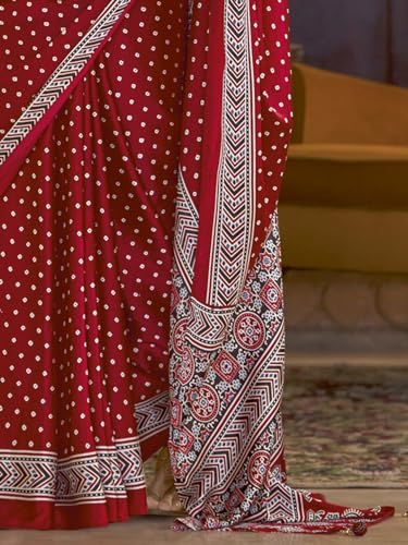Image of SAREE MALL Women's Ajrkh Print Satin Crepe Polka Dot Printed Saree With Unstitched Blouse Piece