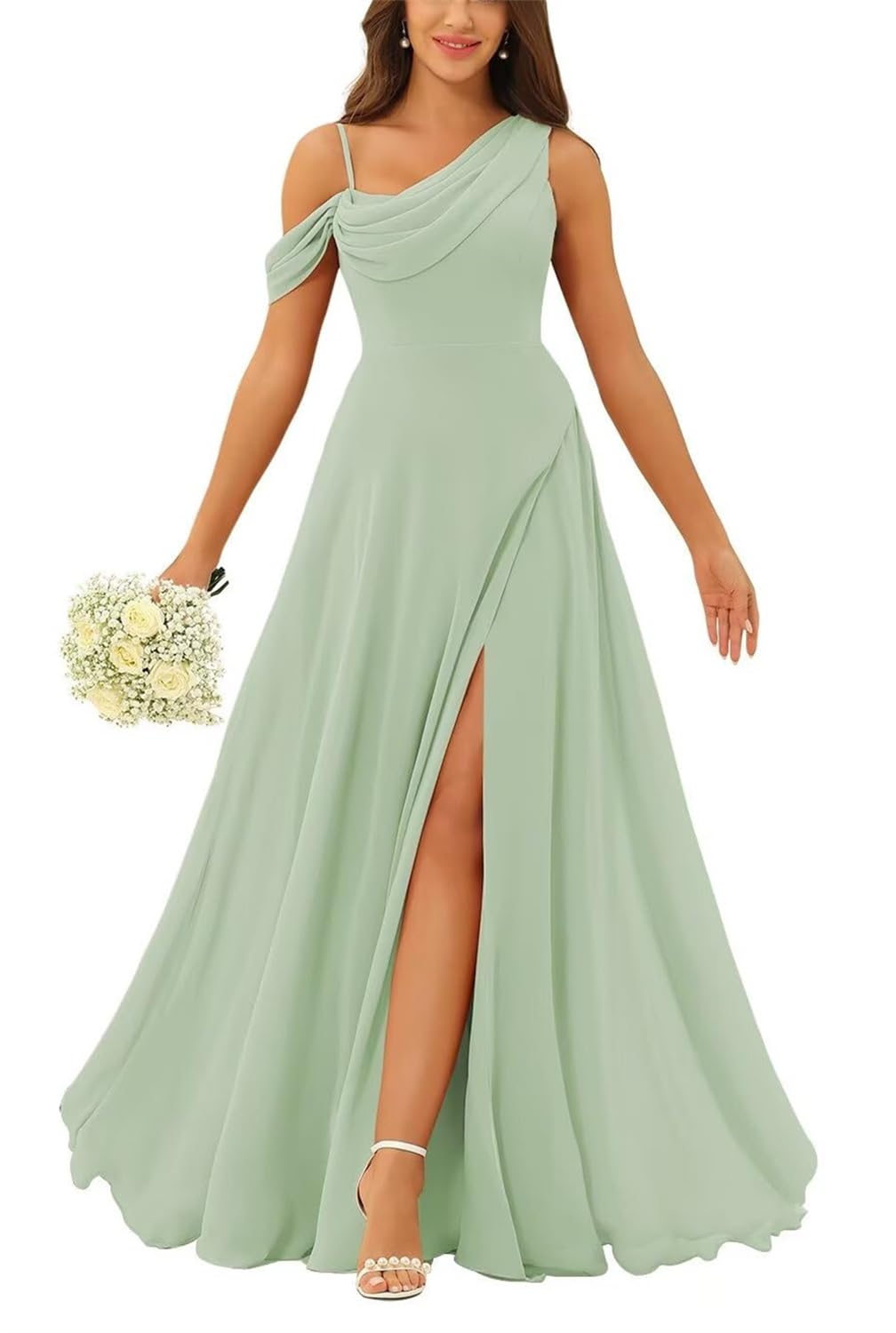 Hppee Women's Sage Green One Shoulder Bridesmaid Dresses Long Plus Size Formal Wedding Guest Dress With Slit Uk22