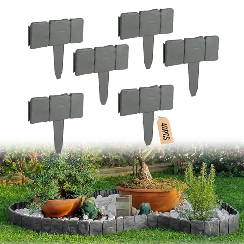 EXLECO 40 Pcs Rasenkante Kunstoff Grau 10 Meter Beeteinfassung Steinoptik Palisade Zaun Stone Rasenkantensteine Beetumrandung Stein Effect Garten Randsteine Pflanze Bordüre für Rasen Blumenbeet